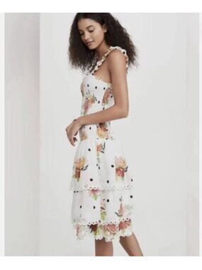 FARM RIO‎ White Nanaju Smocked Midi Dress Size Medium